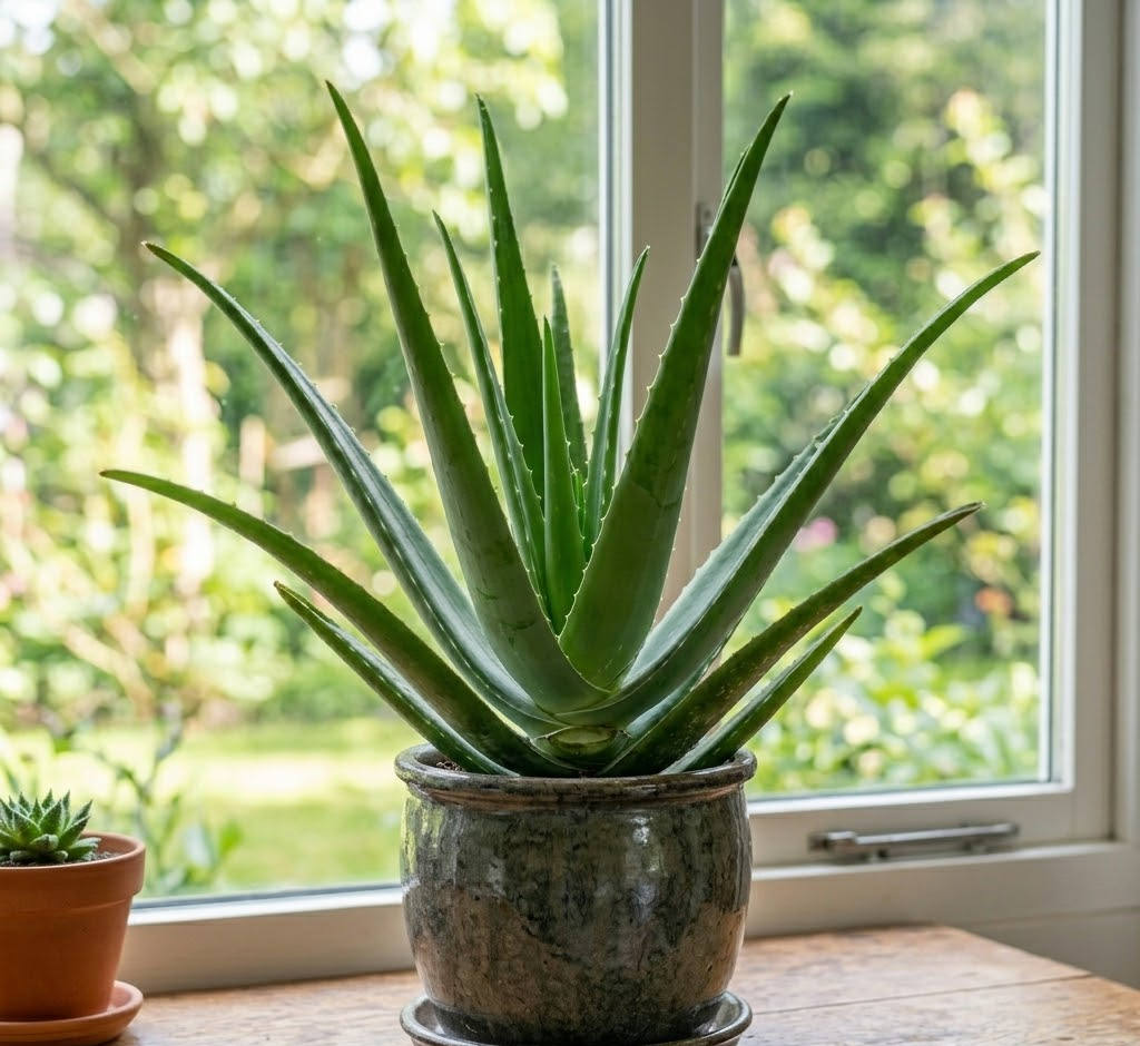 Planta de Aloe Vera en una maceta de cerámica sobre una mesa de madera, mostrando sus hojas verdes, carnosas y con espinas pequeñas, con luz natural de fondo.