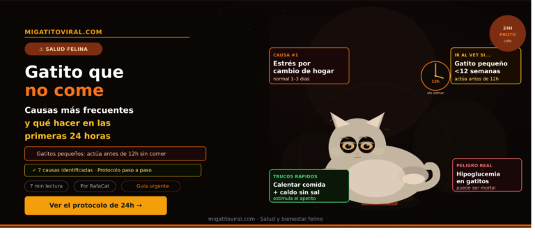 Gatito que no come frente al comedero con poco apetito