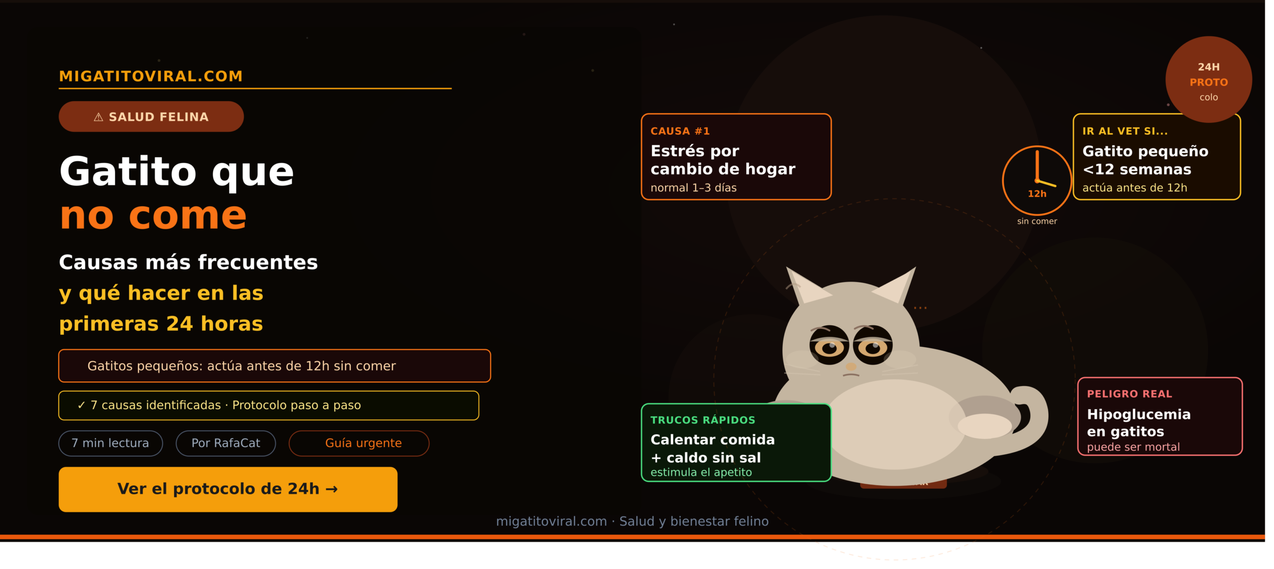 Gatito que no come frente al comedero con poco apetito