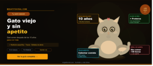 Gato viejo y sin apetito frente a su comedero