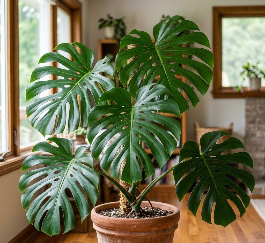 Monstera Deliciosa de hojas grandes y verdes con sus característicos agujeros naturales, en una maceta de terracota dentro de un salón moderno con iluminación natural suave