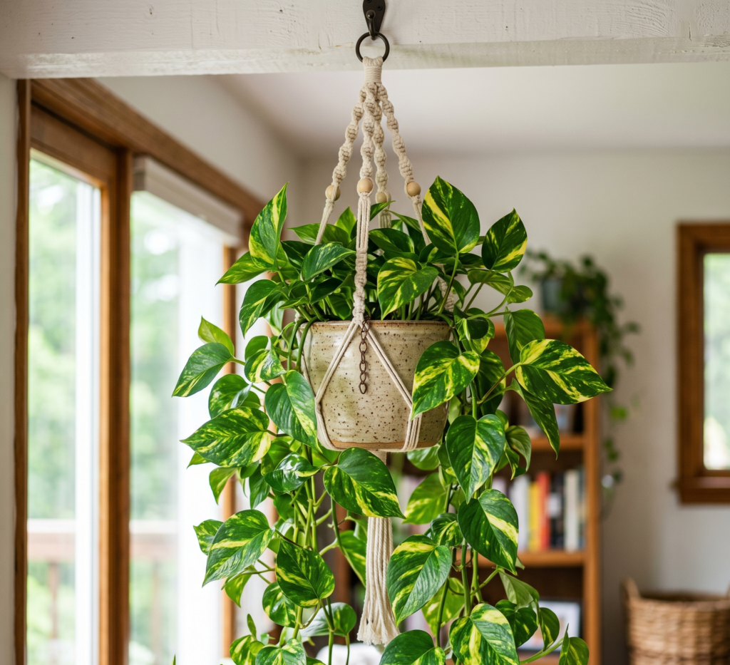 Planta Pothos colgante en una maceta de cerámica, mostrando sus hojas verdes vibrantes con vetas amarillas naturales, iluminada por luz suave de ventana.