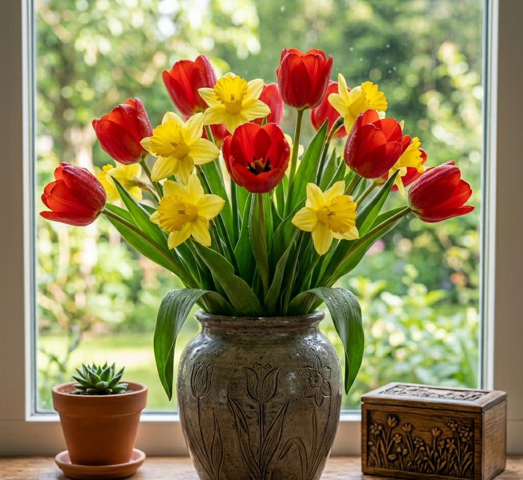 Ramo de tulipanes rojos vibrantes y narcisos amarillos brillantes en un jarrón de cristal con agua, iluminados por la luz natural de una mañana de primavera.
